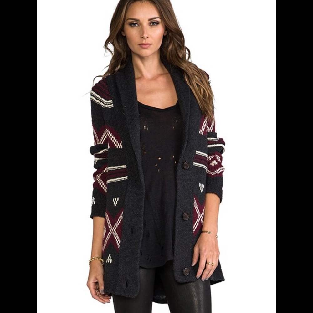 Sanctuary Women Charcoal Open Fringe Cardigan Sweater Red White Pattern Small